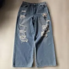 クラッシュ　ダメージ　ワイド　デニム