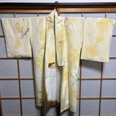 着物、正絹、袴に合う丈短、淡黄色 梅花柄 、美品、表肩や裏側にボカシシミ、卒業式