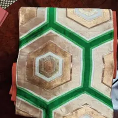 幾何学模様 袋帯 金色 緑色