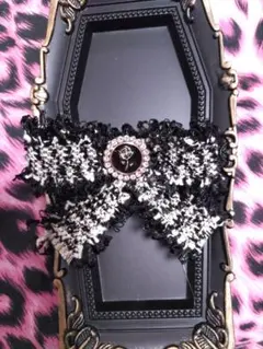 ハンドメイド ツイードリボン 黒白髪飾り