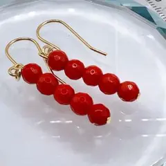 No.274【再販】✨天然石✨レッドコーラルの5連ピアス イヤリング
