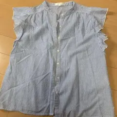 フリル袖 青白ストライプ 半袖シャツ