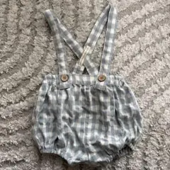 水色チェック サスペンダーオーバーオール