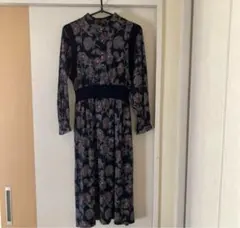 レトロネイビー 花柄 ロングスリーブ ワンピース