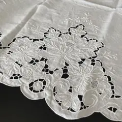 ヴィンテージテーブルクロスリネン グラデーション刺繍 シャドーワーク 