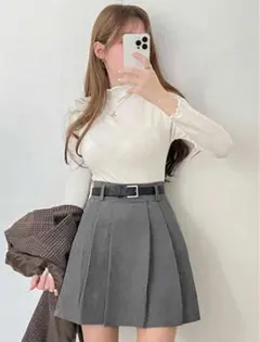 コーデュロイハイウエストミニスカート グレー プリーツスカート