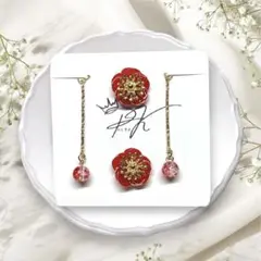 椿の花デザイン ピアス 【2way】 レッド