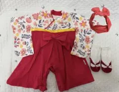 ソックス、ヘアバンド付き！ベビー袴ロンパース 女の子 花柄 赤 80cm