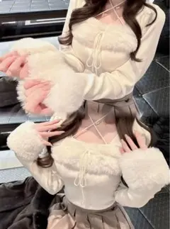 ファーホルターネックリボンニットトップス[ru1387]