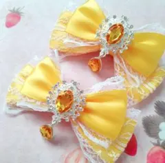 リボン ヘアクリップ 左右2個セット 量産型 地雷系 黄色×白レース