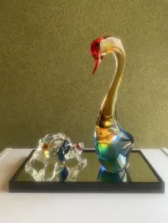 マルティグラス　鶴と亀　ガラス工芸品　ミラー台座のサムネイル