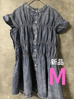 【新品】しまむらシャーリングフリルデニムブラウス Mサイズ　中青　ブルー