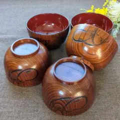 ◇美品 木製 お椀 汁椀 大きめ 茄子・なす・ナス柄 5客 セットのサムネイル