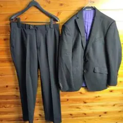 スーツ　セットアップ　ストライプ　トップス　スラックス　裏地　紫　ウール　Ⅿ　黒