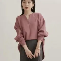 VIS スフレタッチシリーズ 洗える キラッと釦 キーネックプルオーバー ピンク