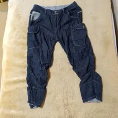 （まとめ16）ダークブルー カーゴパンツ ストライプ裏地