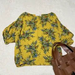 AZUL BY MOUSSY 花柄ブラウス S イエロー ボタニカル 7分袖のサムネイル