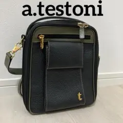 a.testoni メンズ　DINAMICOショルダーバッグ　ブラック×グリーンのサムネイル