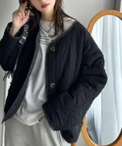 classical elf JAVA ノーカラー波キルティングコート