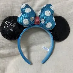 ミニーマウス風カチューシャ　青黒水玉