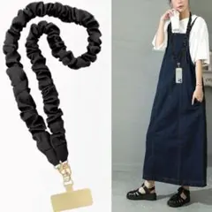 スマホ ショルダーストラップ 黒 ブラック くしゅっと素材 スマホホルダー