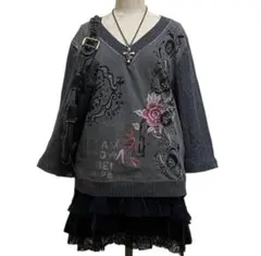 花柄刺繍 グレー 長袖 Vネック チュニック 森ガール