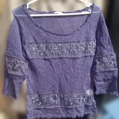 LESTROSEレストローズ紫色 バラ刺繍入り ニット 五分袖 麻混М平成レトロのサムネイル