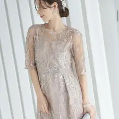 Leja シアーチュールベルスリーブペイントIラインワンピースドレス