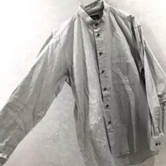 90s デザインストライプ ノーカラーシャツ スタンドカラーシャツ グレー M