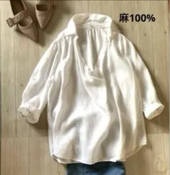 極美品 SHIPS リネンブラウス リネンプルオーバー M 七分袖