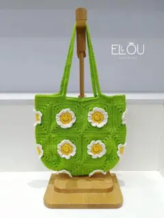 花モチーフ編みトートバッグ（緑・紫・ピンク）