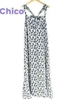 Chicoキャミワンピース　バックリボン　グレー地/ネイビー花柄 Fサイズ