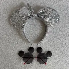 ミニーマウス　シルバー　スパンコール　カチューシャ　サングラス　セット