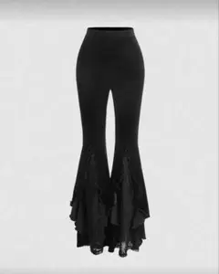 SHEIN フレアパンツ ベロア レース フリル ブラック Mサイズ