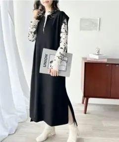 深Vネック ニット ロング マキシ 厚手 ジャンパースカート 黒