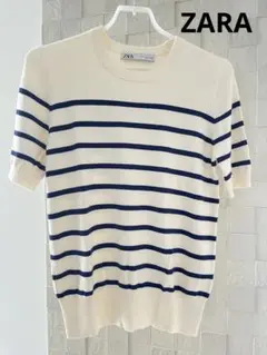 美品　ZARA 半袖ニット アイボリー/ネイビー