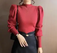 【新品】 パフスリーブニット 赤 フリーサイズ ハイネック タートル 上品