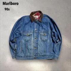 【N67】90s MarlboroレザーカラーデニムジャケットXLブルー古着