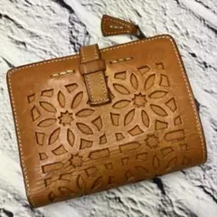 ゲンテン✨カットワーク L字ファスナー 本革 レザー 二つ折り財布