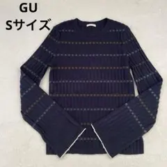 【GU】リブフレアスリーブセーター(長袖) ボーダー ネイビー Sサイズ