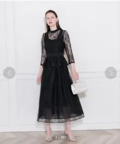 【Leja】ビスチェ風レース花柄透けフレア美脚効果ロングワンピースドレス結婚式