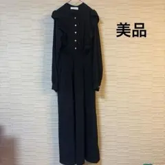 ワンピースLサイズ長袖肩フリルブラックパールボタンフォーマル