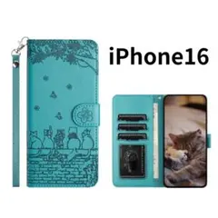 iPhone16 ケース 手帳型 猫柄 ターコイズブルー