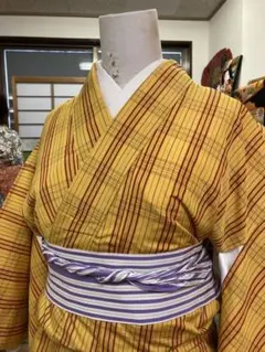 【匿名配送】黄八丈 格子柄 正絹 着物 大正ロマン 町娘 黄色 時代劇