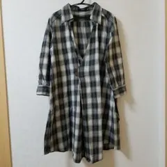 細見え アンドエー チェック チュニック ワンピ コクーン ネイビー グレー