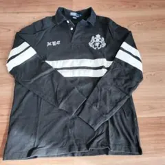 長袖ストライプポロシャツ エンブレム刺繍