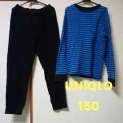 UNIQLO ユニクロ ボーダー長袖パジャマセット ブラック×ブルー150のサムネイル