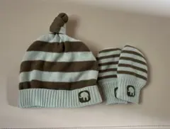 水色と茶色のストライプ帽子とミトンセット　H&M