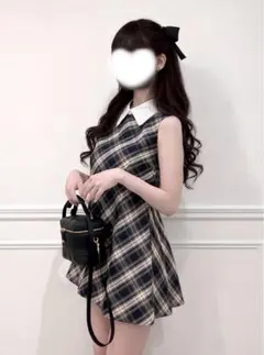 GRL チェック柄ロゴ刺繍ノースリーブミニワンピース[dk1633] ネイビー