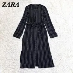 【美品】ZARA マキシ丈 ガウン カーディガン XS ネイビー ストライプ